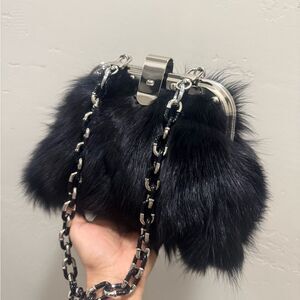 Black Genuine Fox Fur Handmade Unique Riveted Frame Clutch Bag/Crossbody